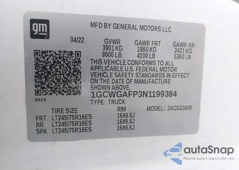 2022 Chevrolet Express Cargo Rwd 2500 Regular Wheelbase Wt из США, поврежденный, VIN 1GCWGAFP3N1199384